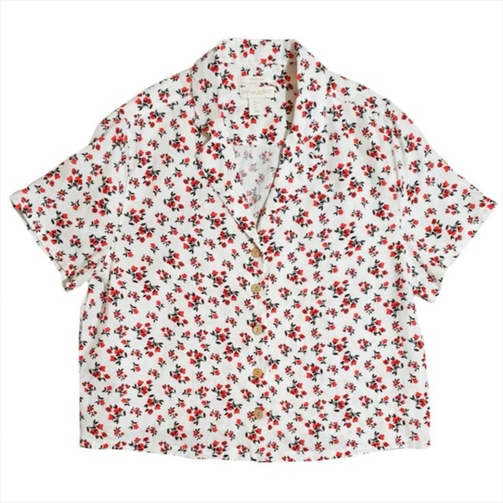 Cynthia Rowley Button Front Linen Shirt Floral Boxy